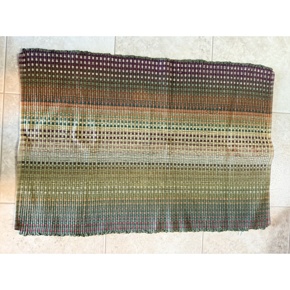 Handwoven Striped Rag Rug Boho Farmhouse Accent Mat 30x24 Reversible - Picture 1 of 3
